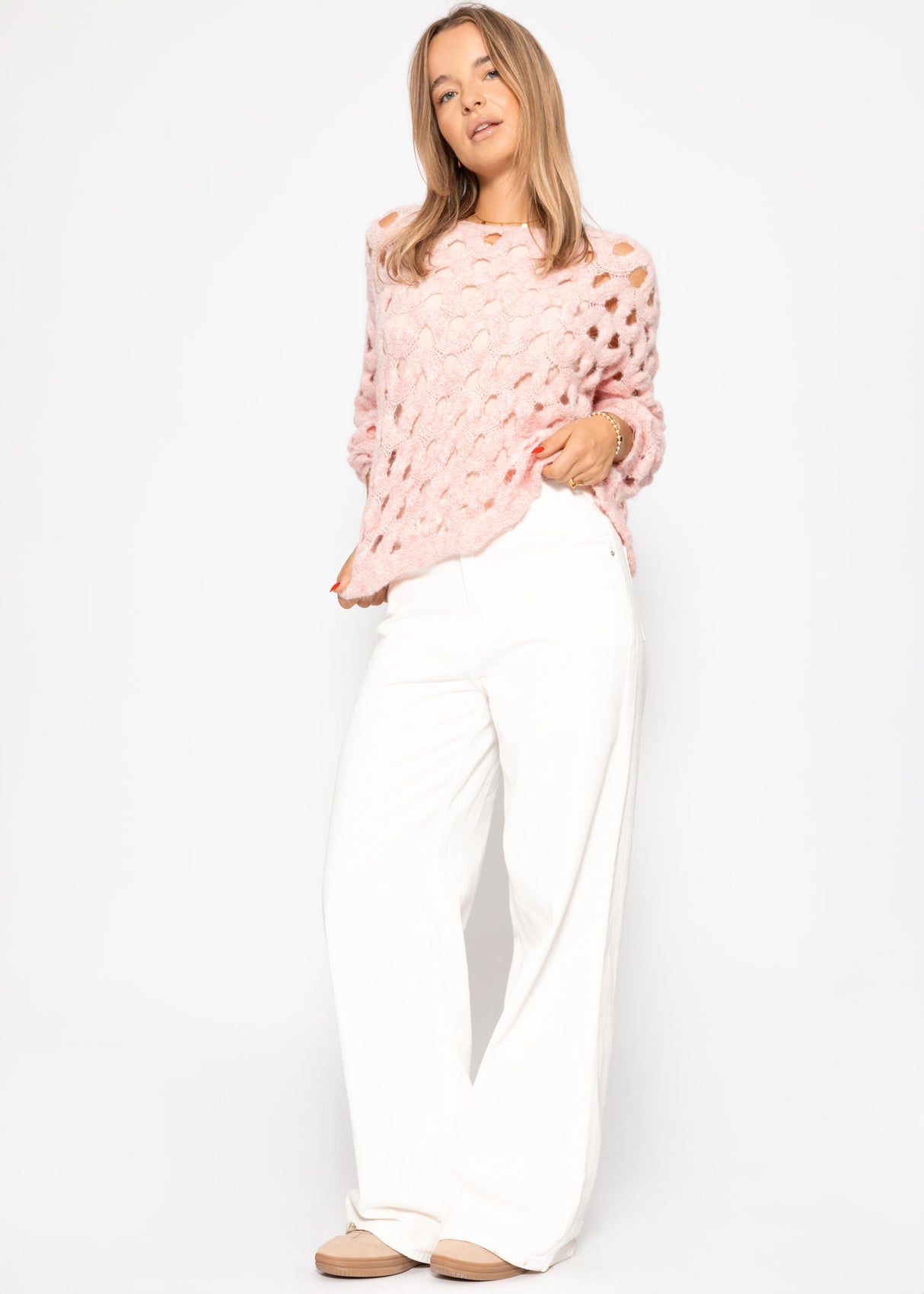 Strickpullover mit Lochmuster - rosa