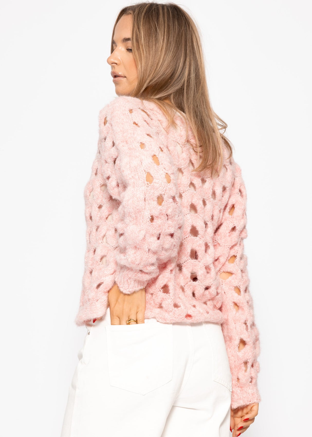 Strickpullover mit Lochmuster - rosa