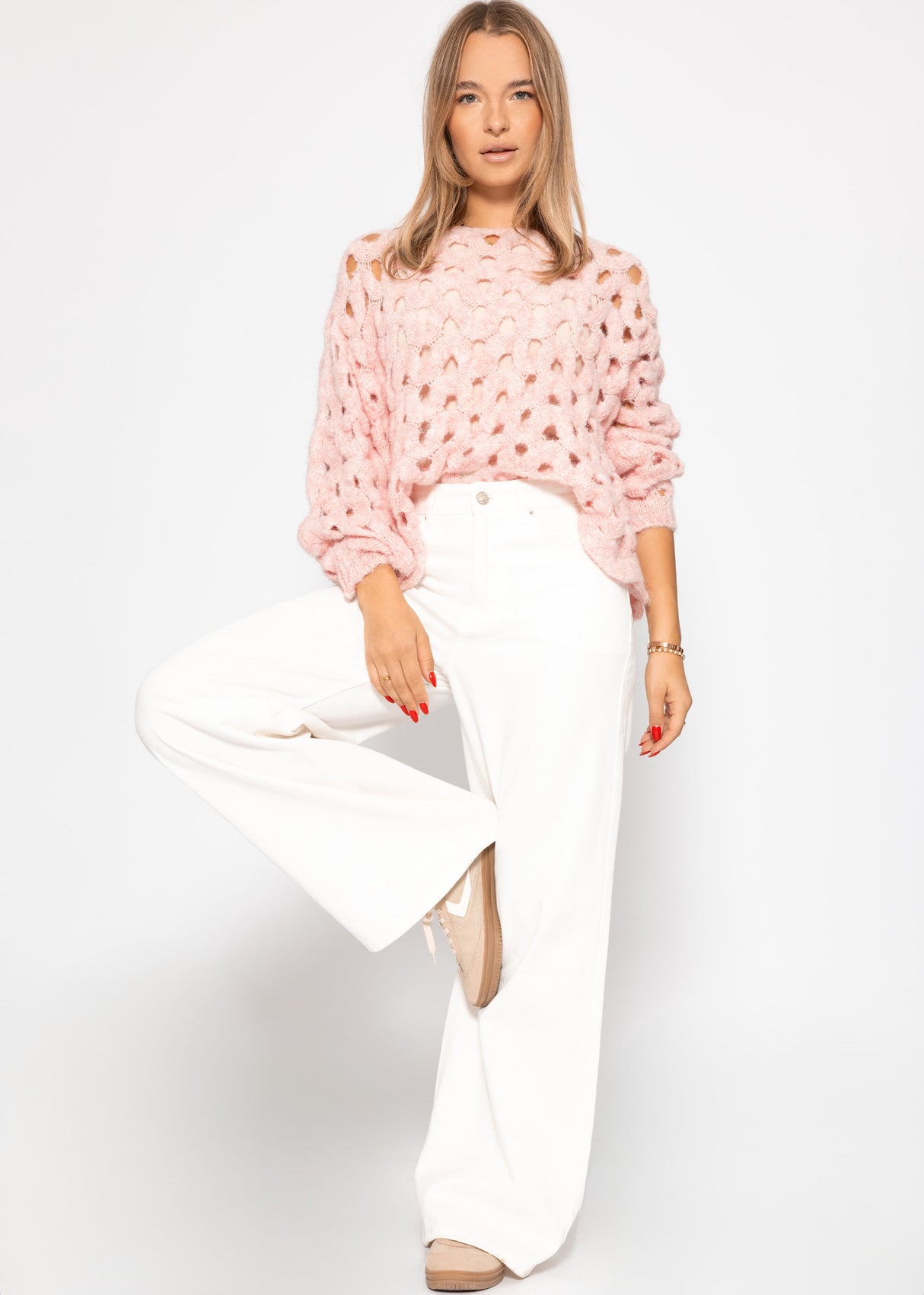 Strickpullover mit Lochmuster - rosa