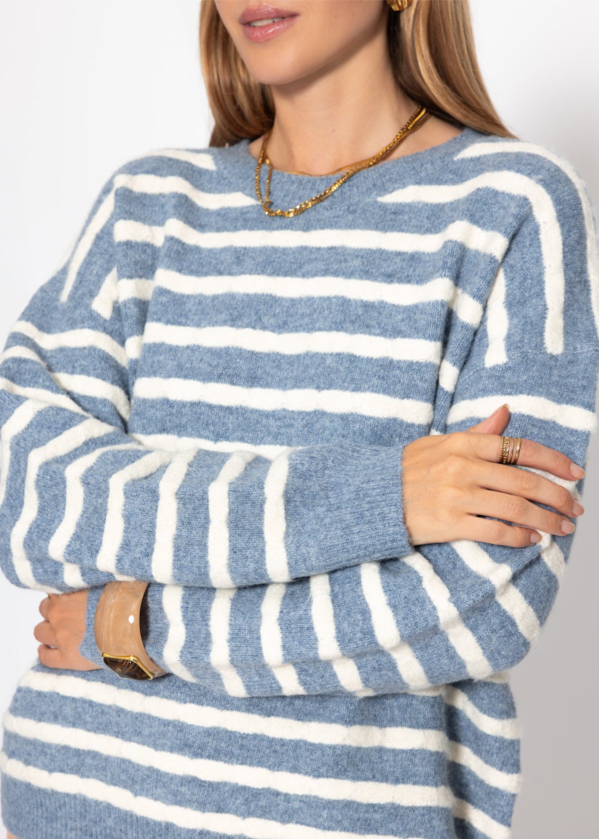 Strickpullover mit Streifen-Design - jeansblau-offwhite
