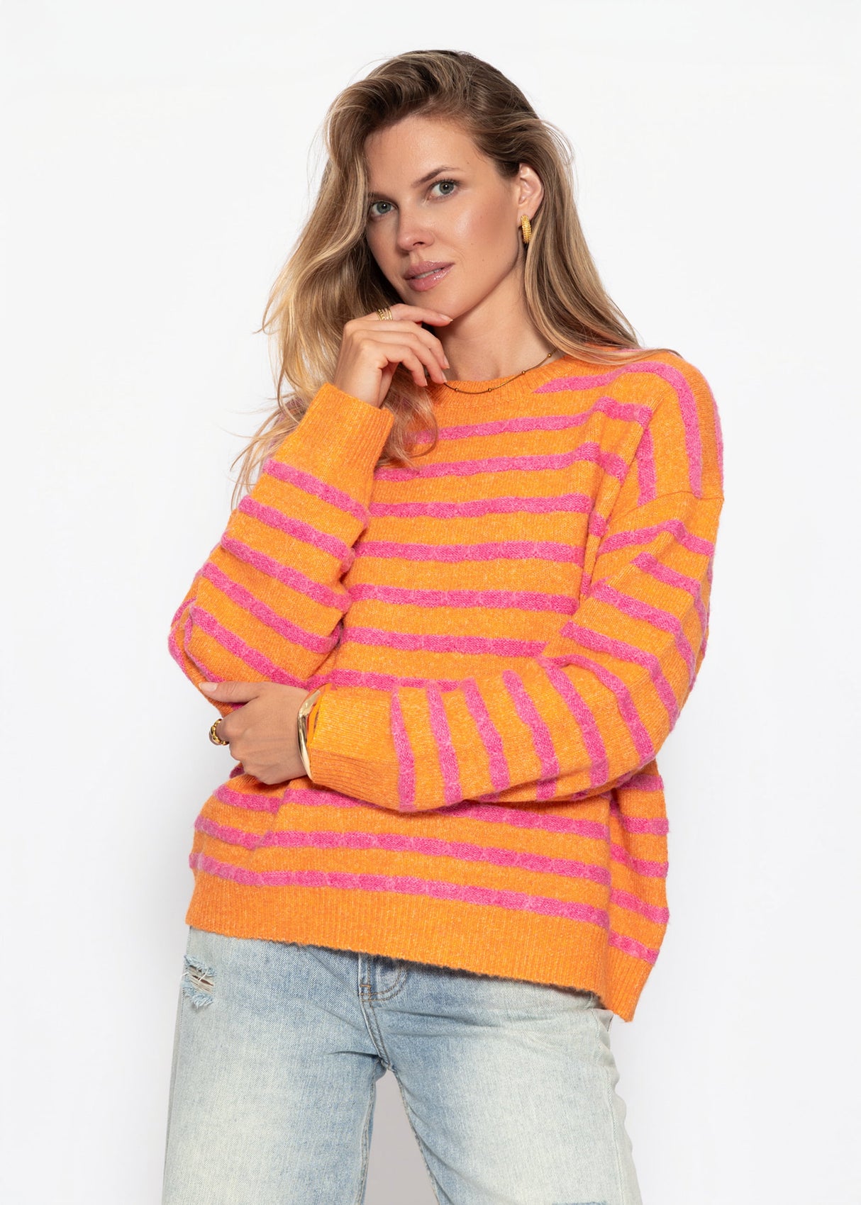 Strickpullover mit Streifen-Design - pink-orange