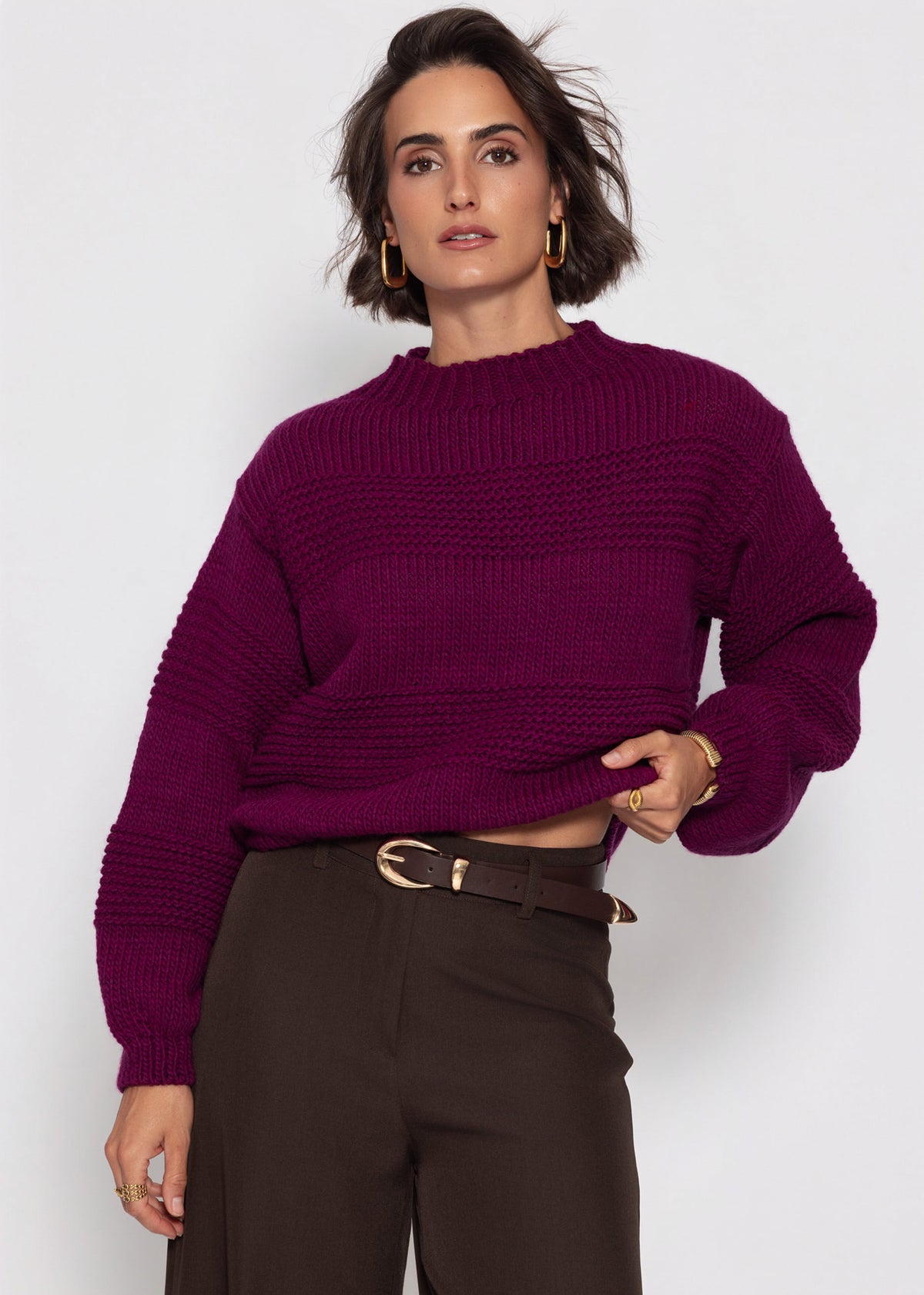 Strickpullover mit Strukturstreifen - plum