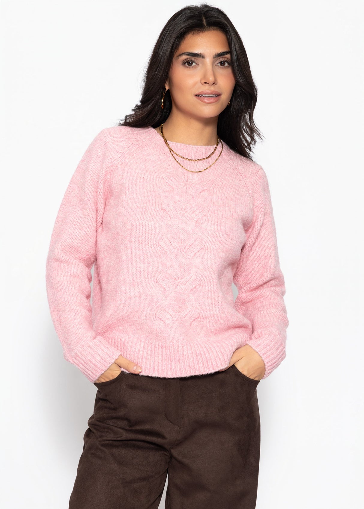 Strickpullover mit Zopfmuster - rosa