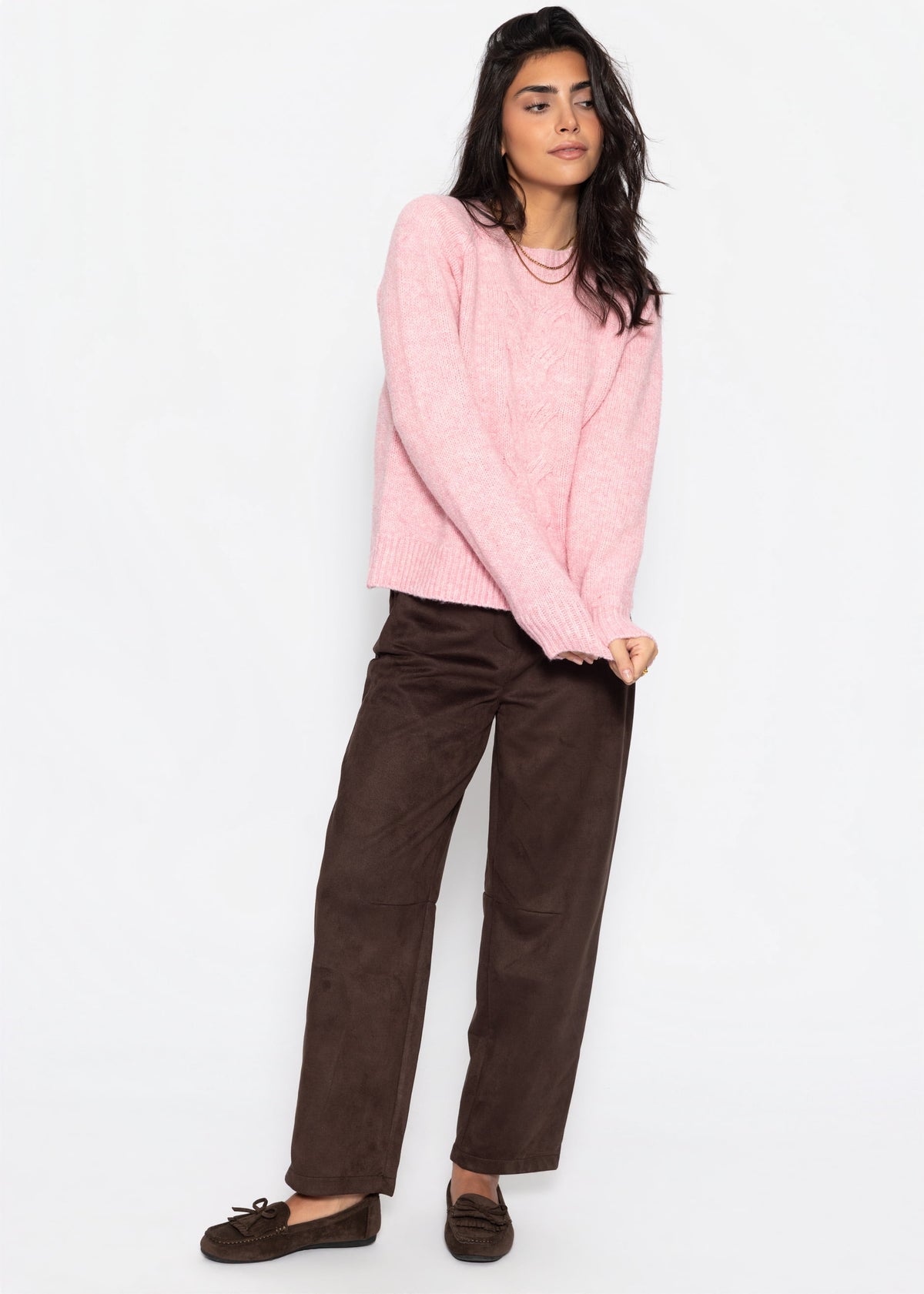 Strickpullover mit Zopfmuster - rosa