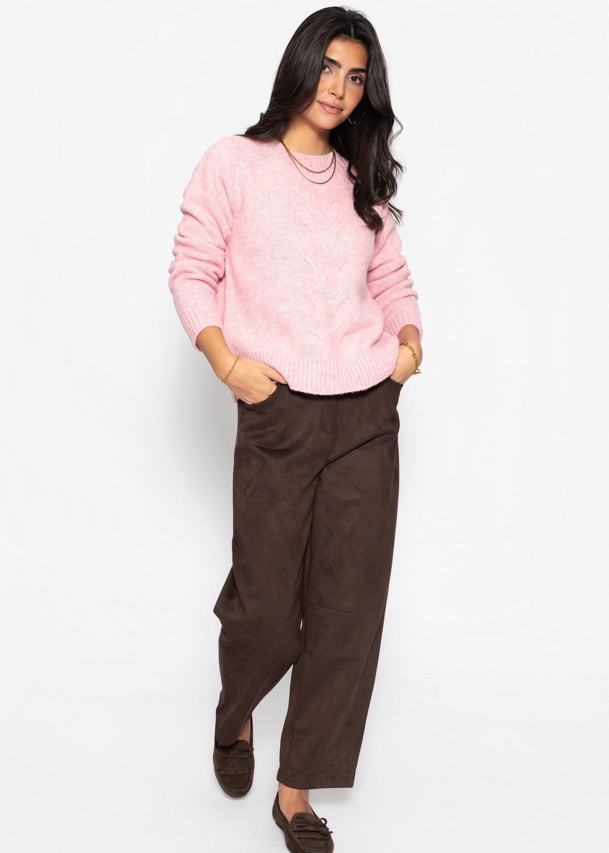 Strickpullover mit Zopfmuster - rosa