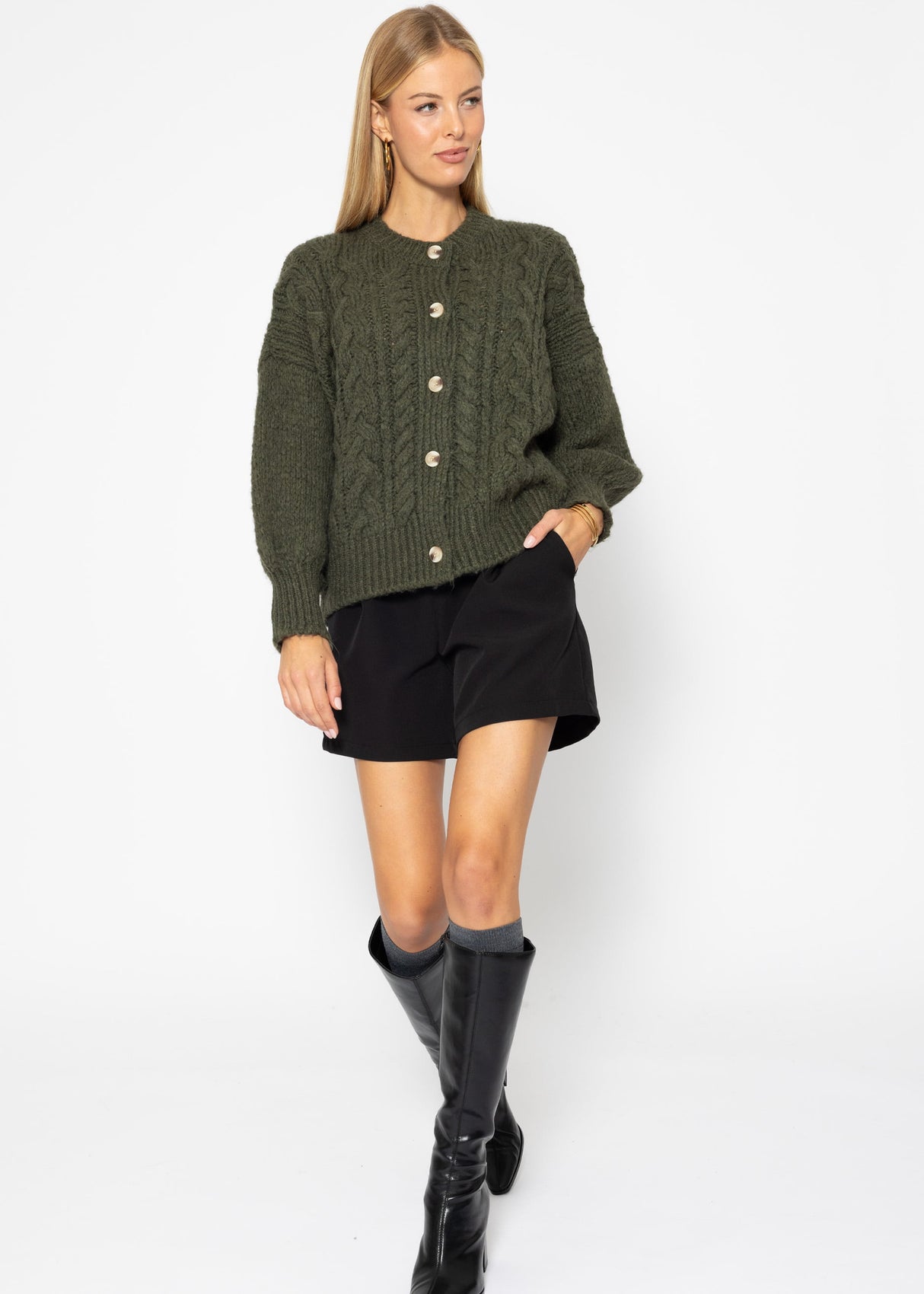Super fluffy cable-knit cardigan - khaki