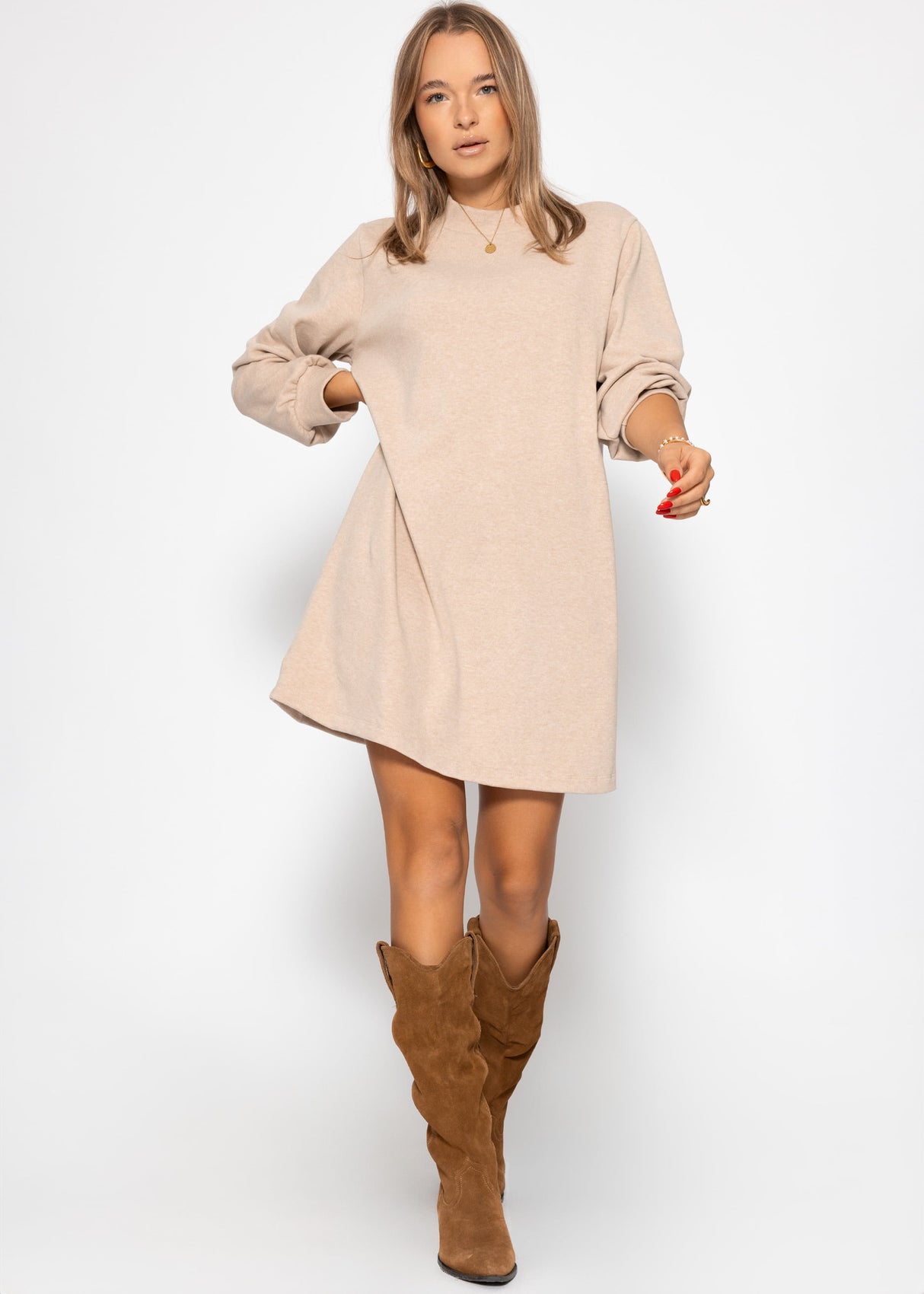 Sweat dress with stand-up collar - beige