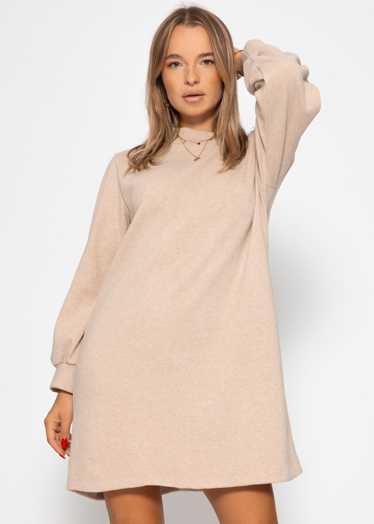 Sweat dress with stand-up collar - beige