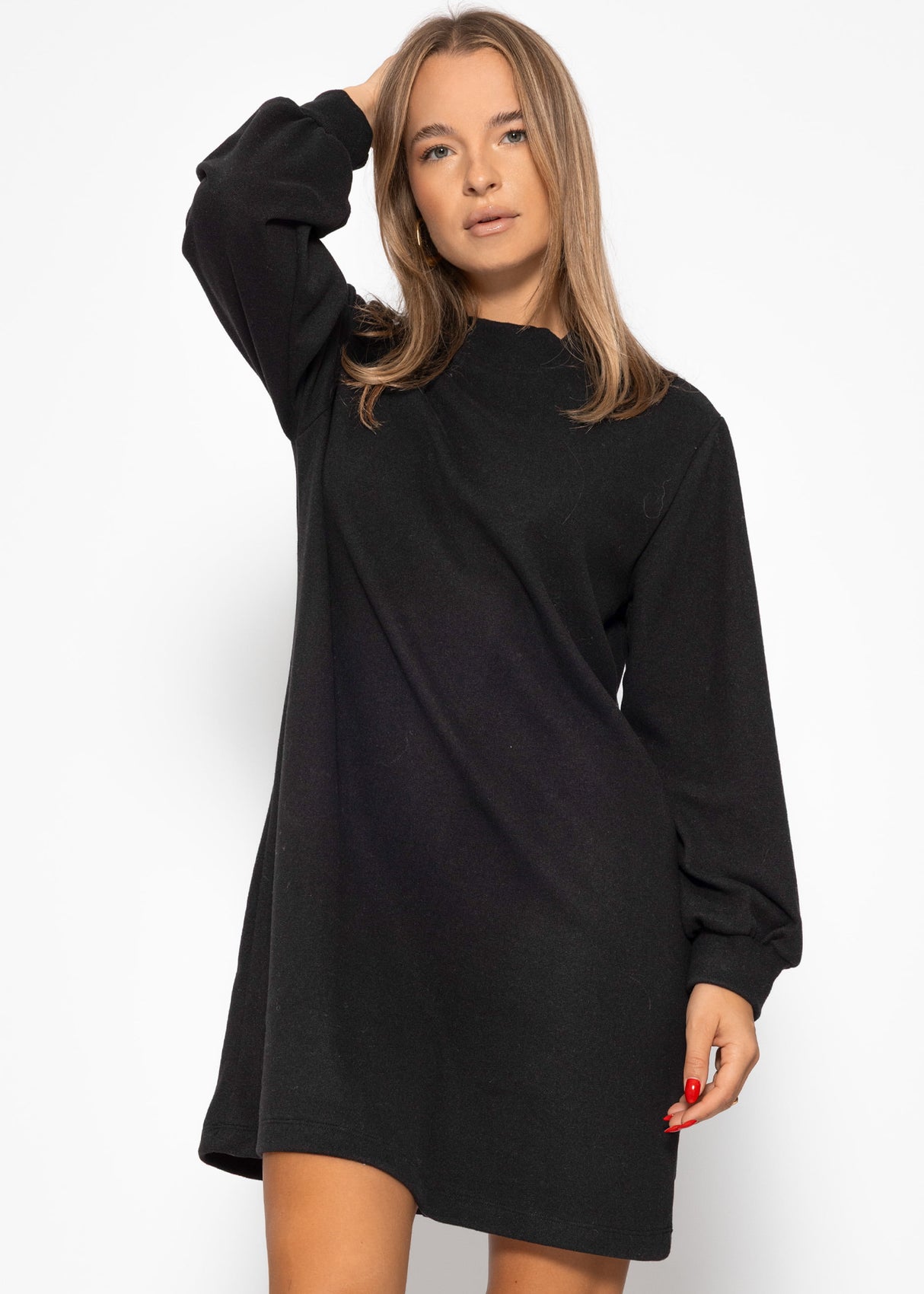 Sweat dress with stand-up collar - black