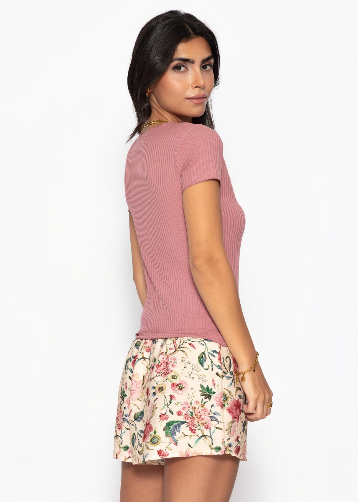 T-Shirt in geripptem Jersey - mauve