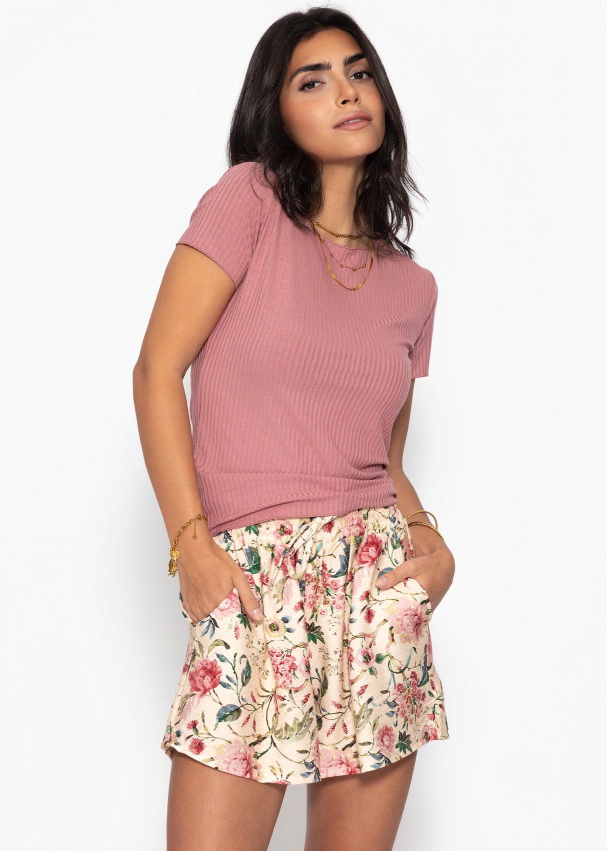 T-Shirt in geripptem Jersey - mauve