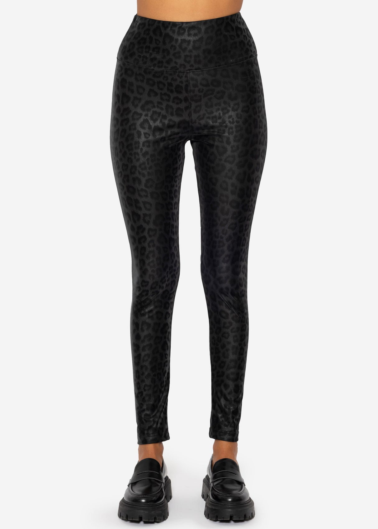 Thermo faux leather leggings with leopard print - black