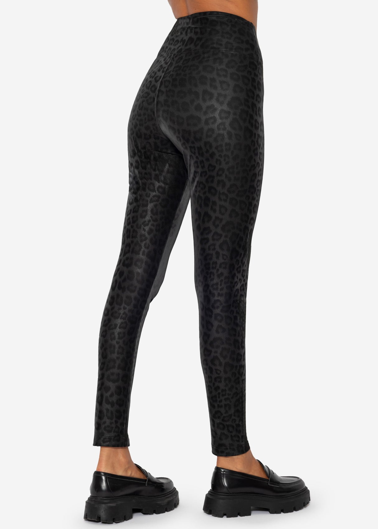 Thermo faux leather leggings with leopard print - black