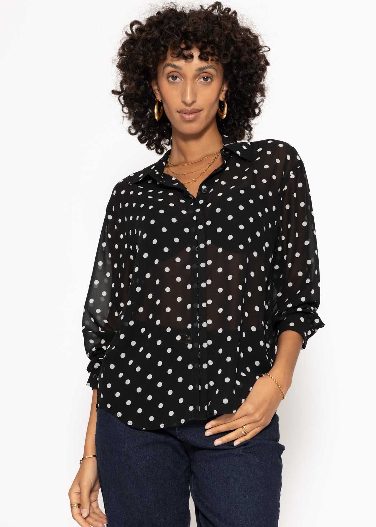 Transparente Bluse mit Pünktchenprint - schwarz