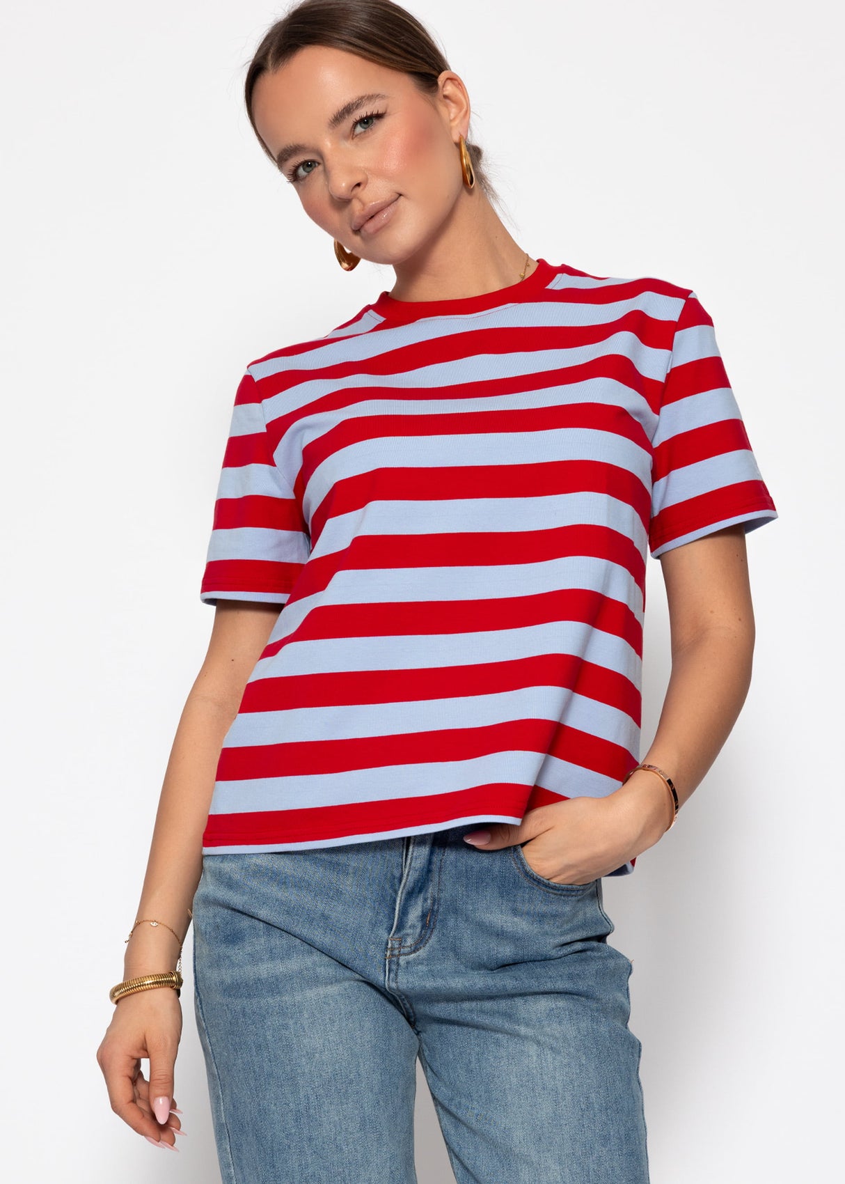 T-Shirt mit Blockstreifen - flieder-rot