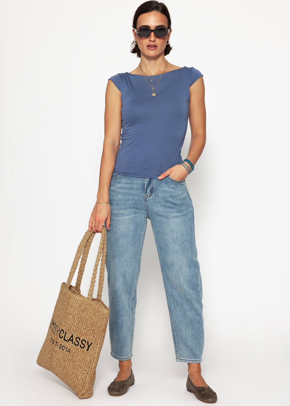 T-shirt with low back neckline - denim blue