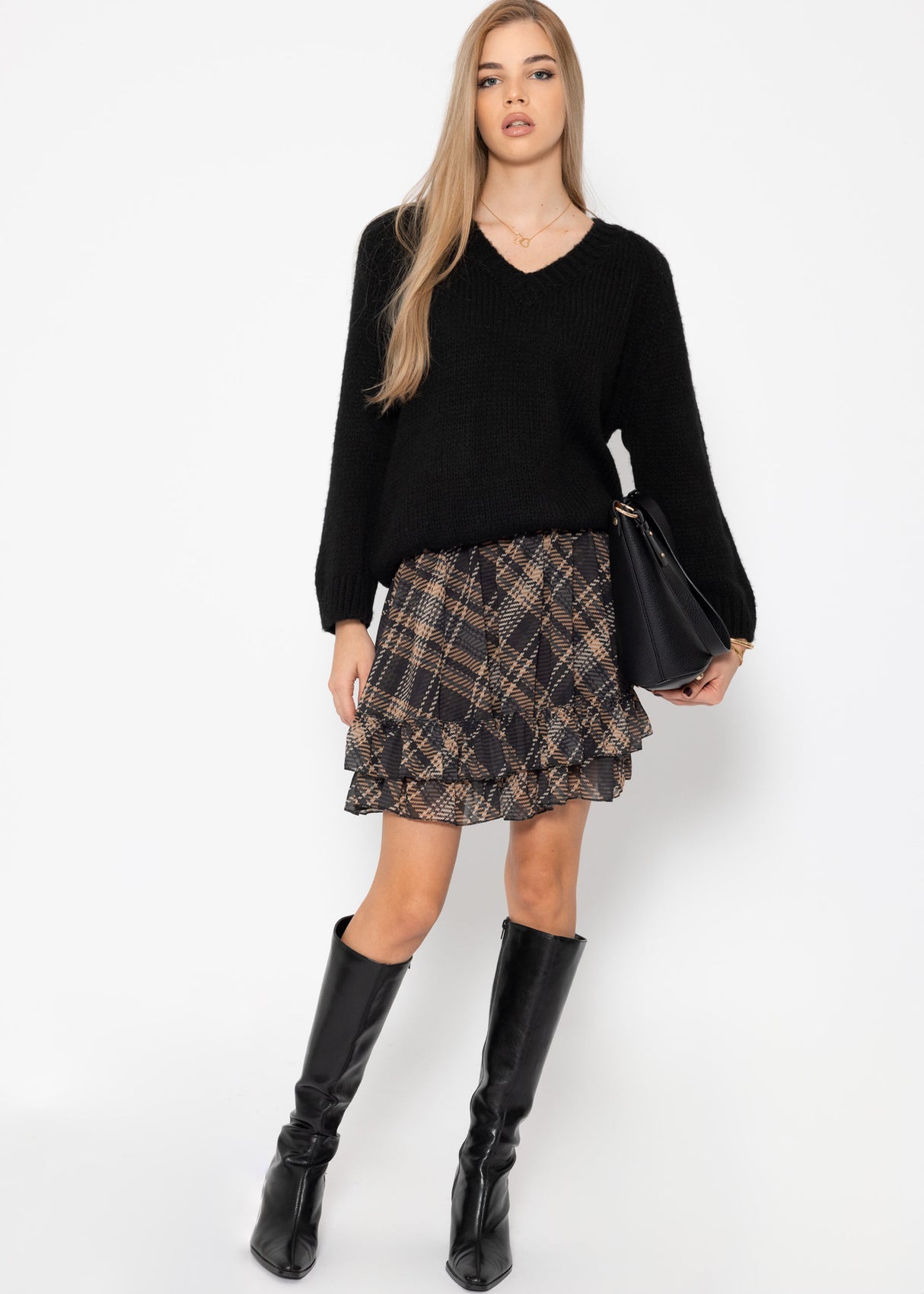 Check print ruffle skirt - brown