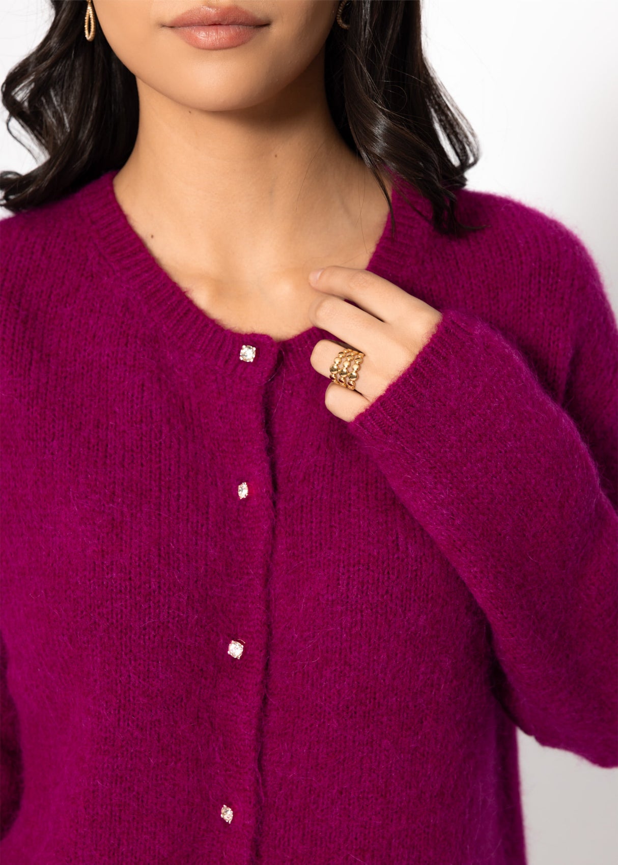 Soft knitting cardigan with ornamental buttons - plum