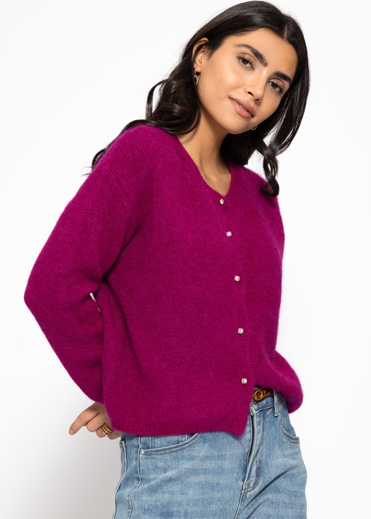 Soft knitting cardigan with ornamental buttons - plum