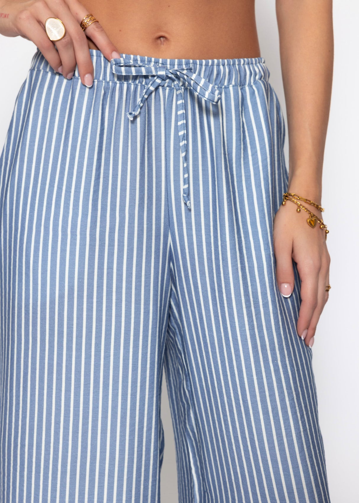 Wide Leg Hose mit Streifen und Bindeband - blau