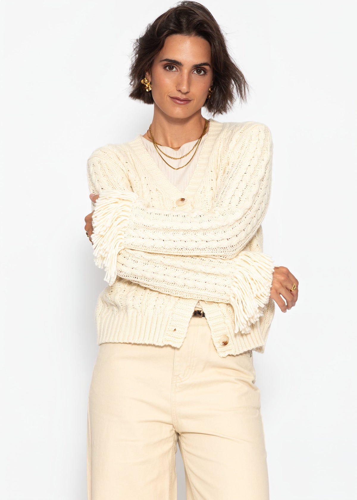 Zopfstrick-Cardigan mit Fransenbündchen - offwhite - SASSYCLASSY