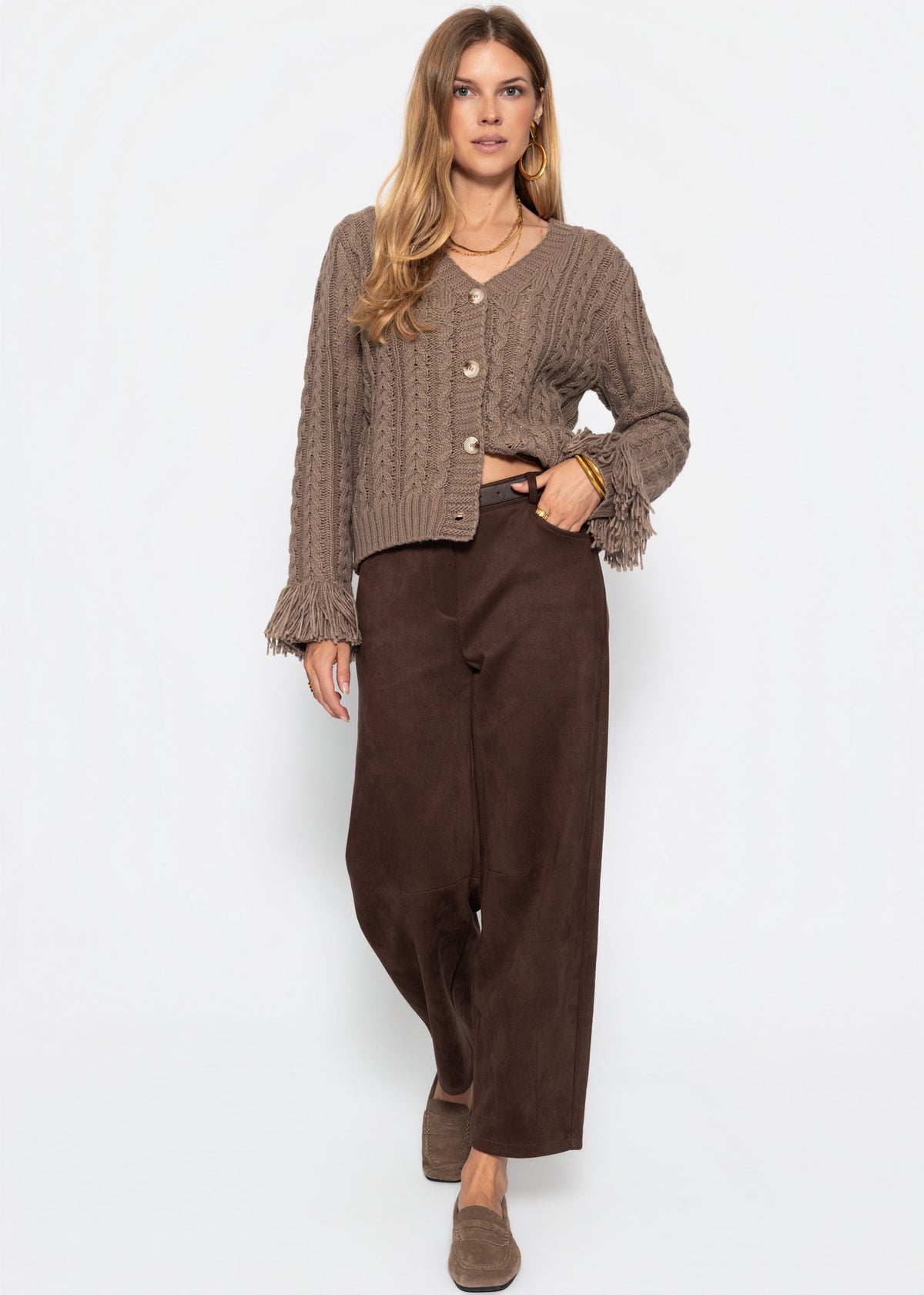 Zopfstrick-Cardigan mit Fransenbündchen - taupe