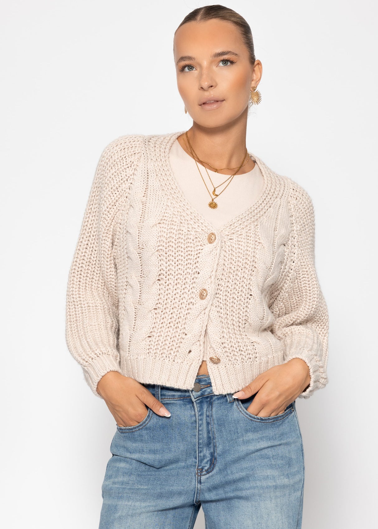 Cardiac cardigan with button placket - beige