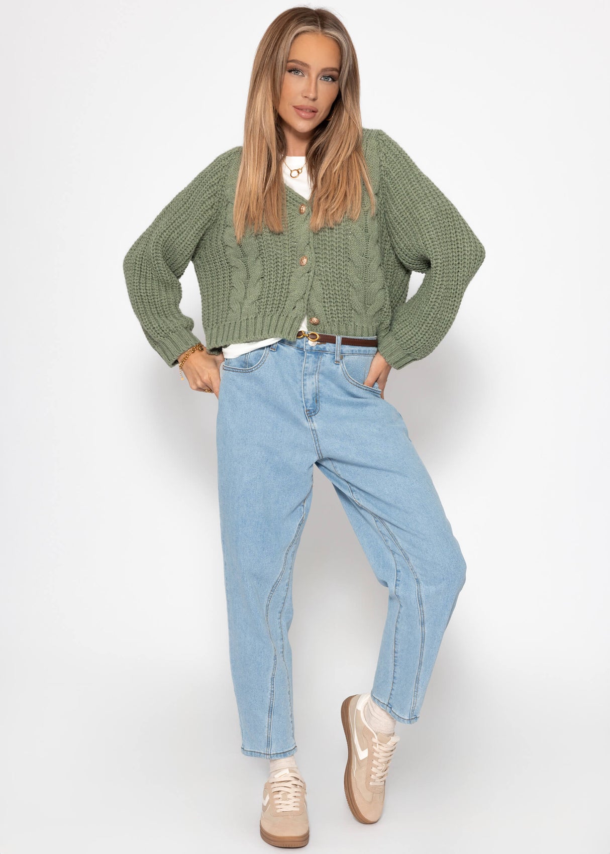 Zopfstrick-Cardigan mit Knopfleiste - salbeigrün