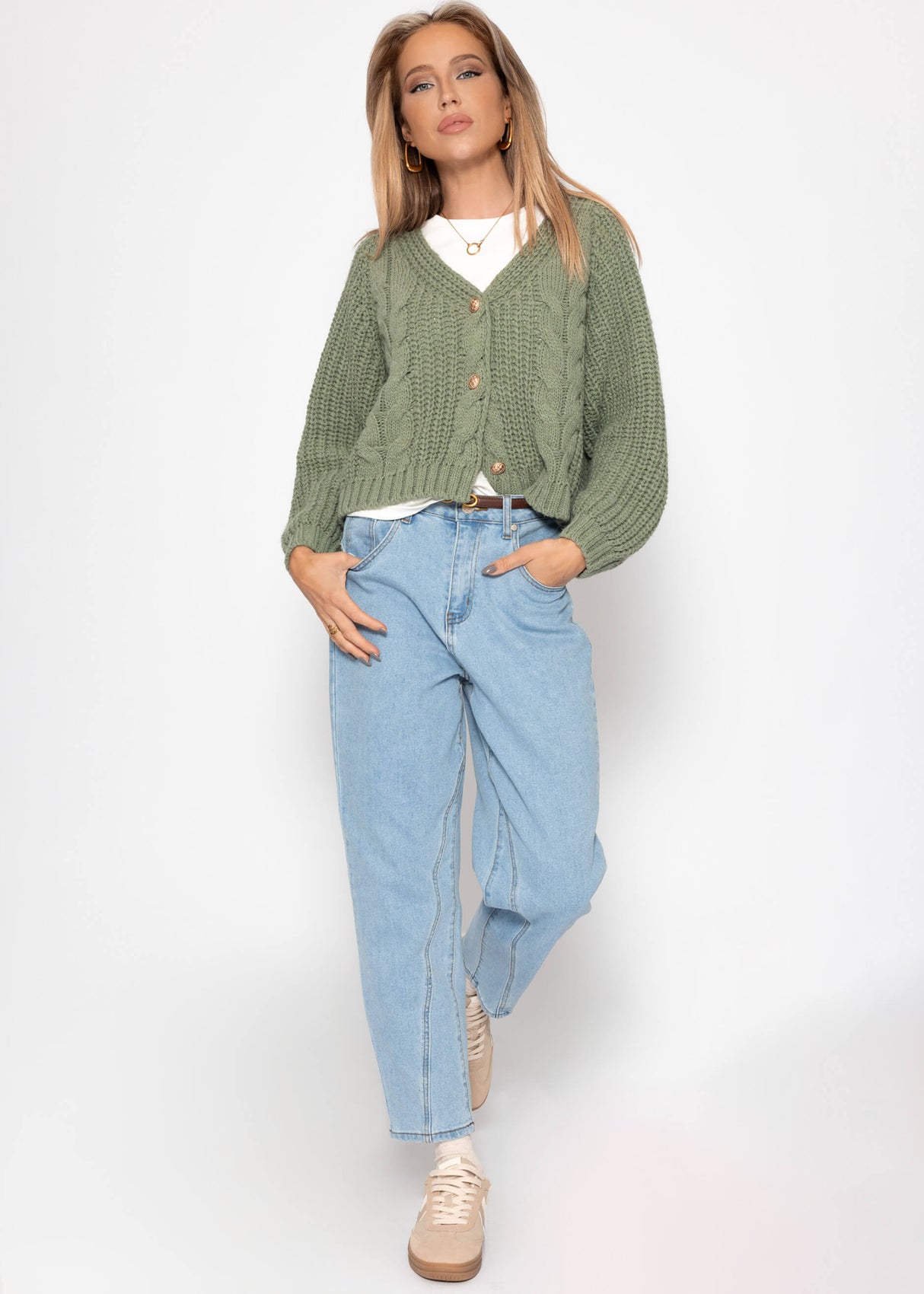 Zopfstrick-Cardigan mit Knopfleiste - salbeigrün