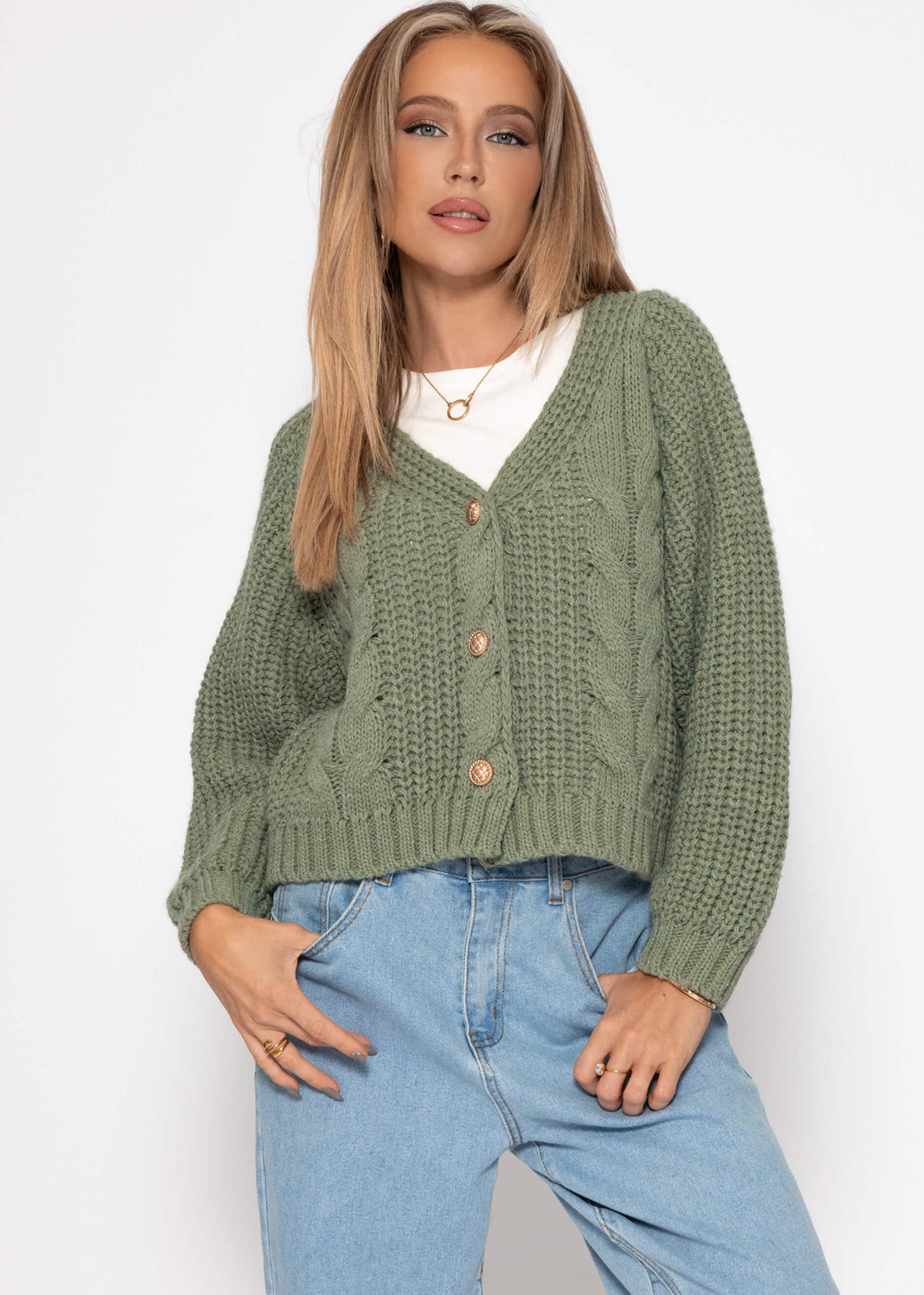 Zopfstrick-Cardigan mit Knopfleiste - salbeigrün