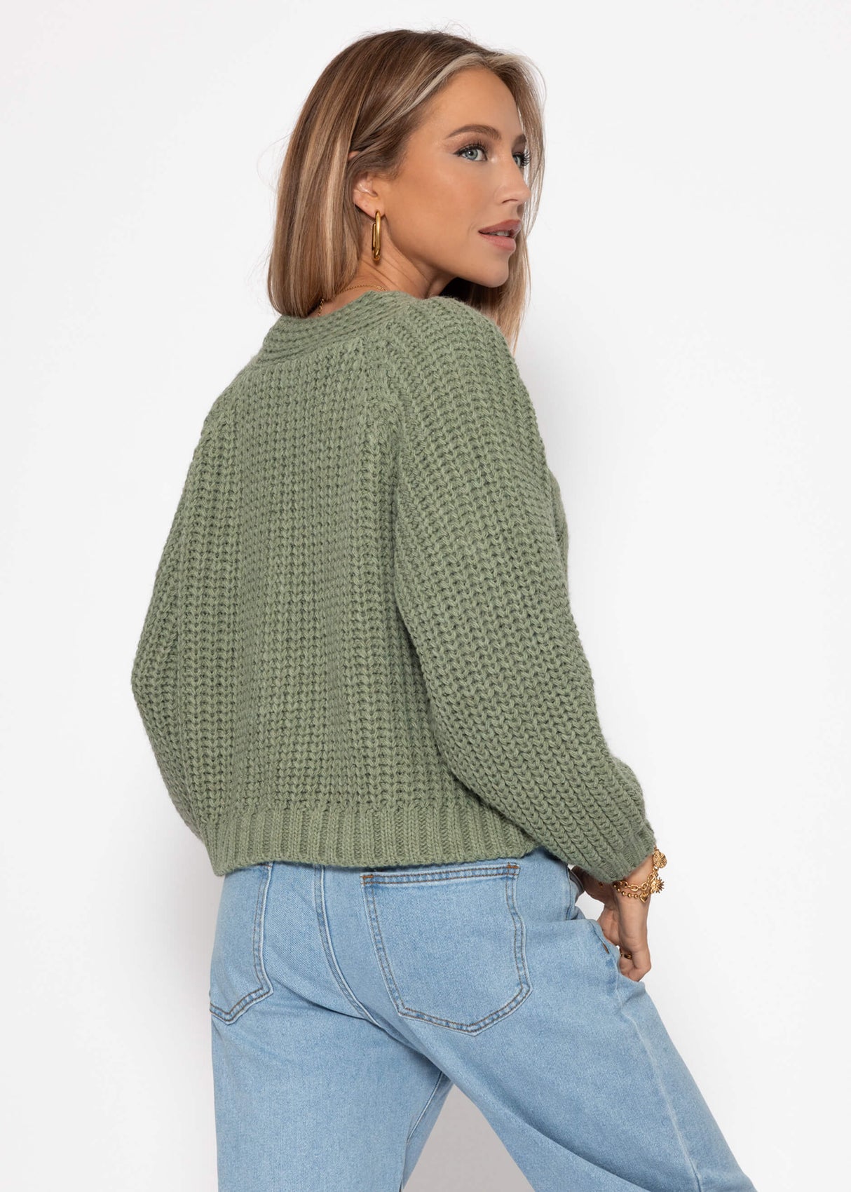 Zopfstrick-Cardigan mit Knopfleiste - salbeigrün