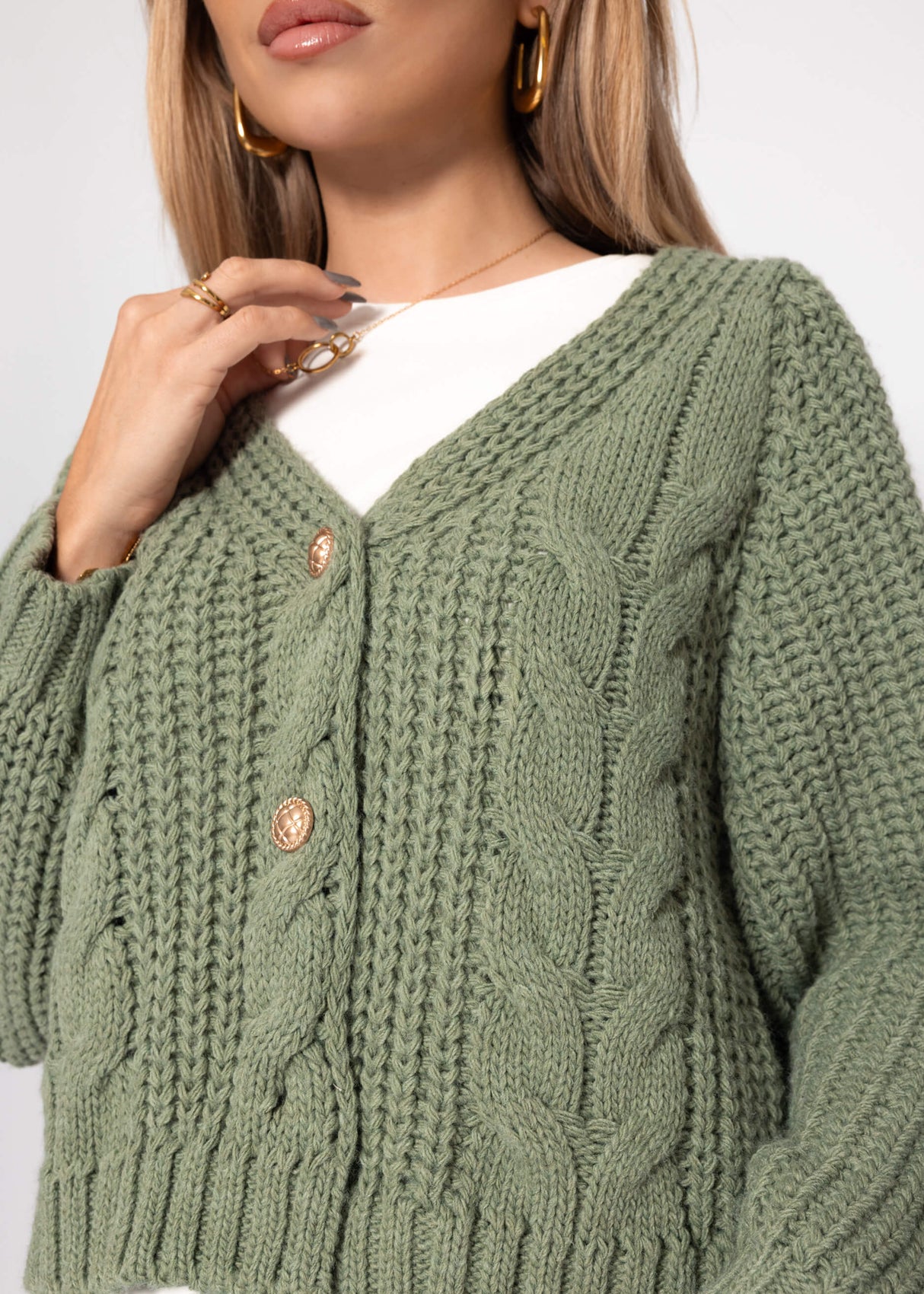 Zopfstrick-Cardigan mit Knopfleiste - salbeigrün