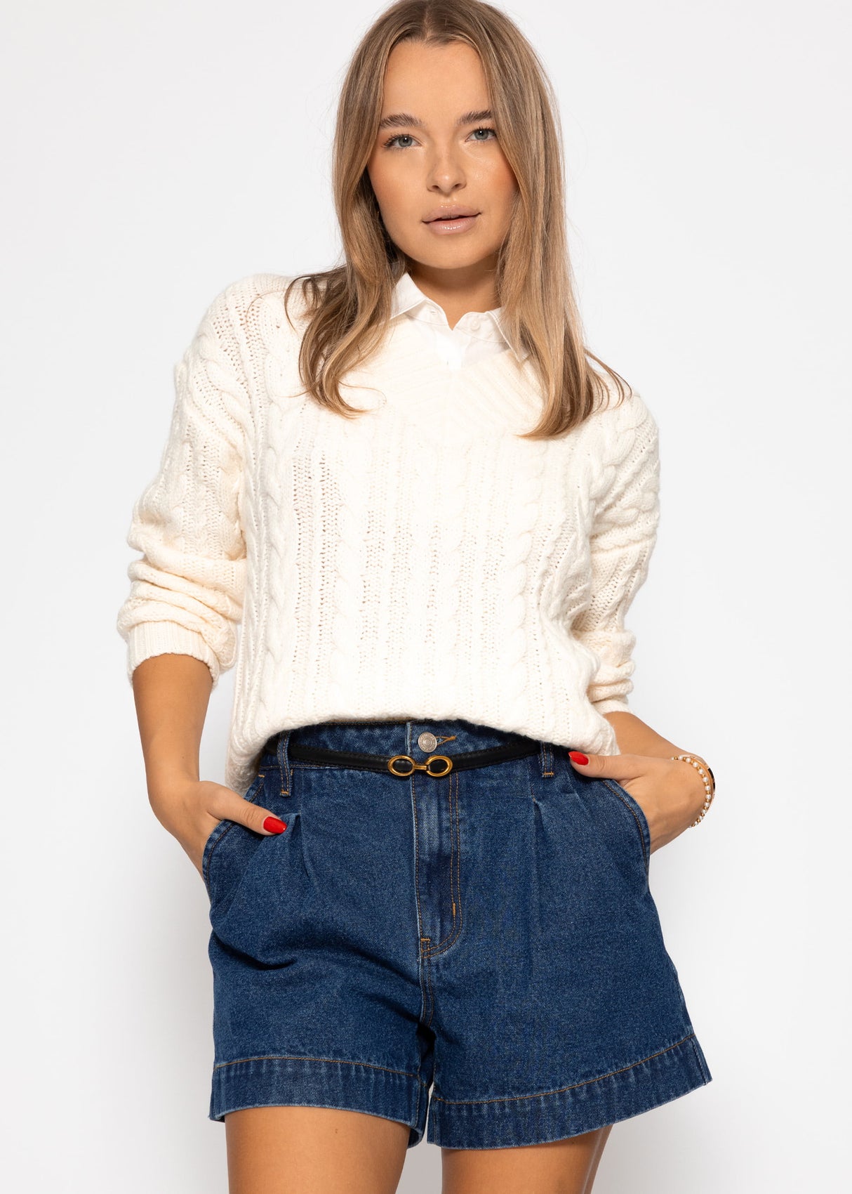 Zopfstrickpullover mit V-Ausschnitt - offwhite