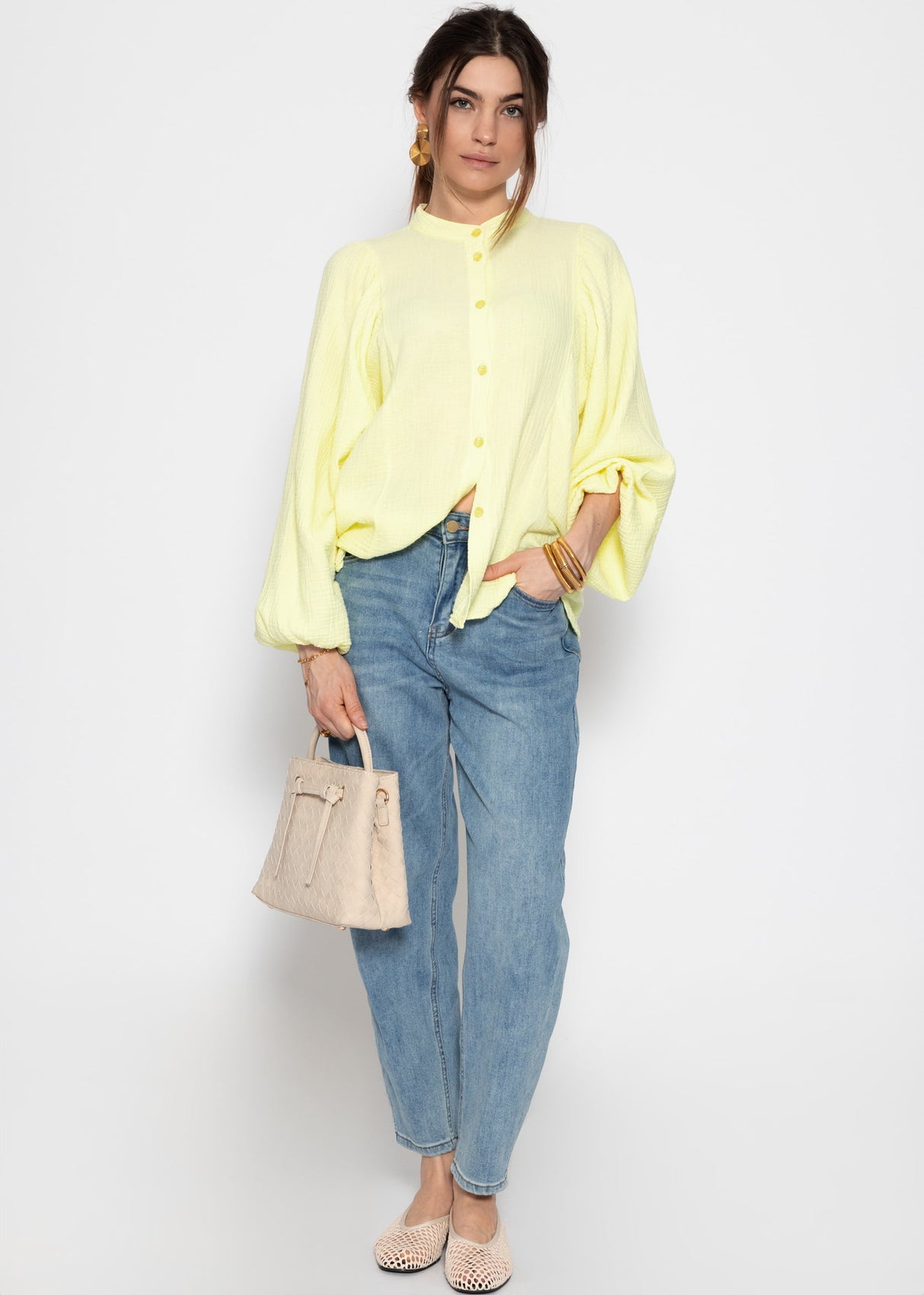 Musselin Bluse mit Fledermausärmeln - buttergelb