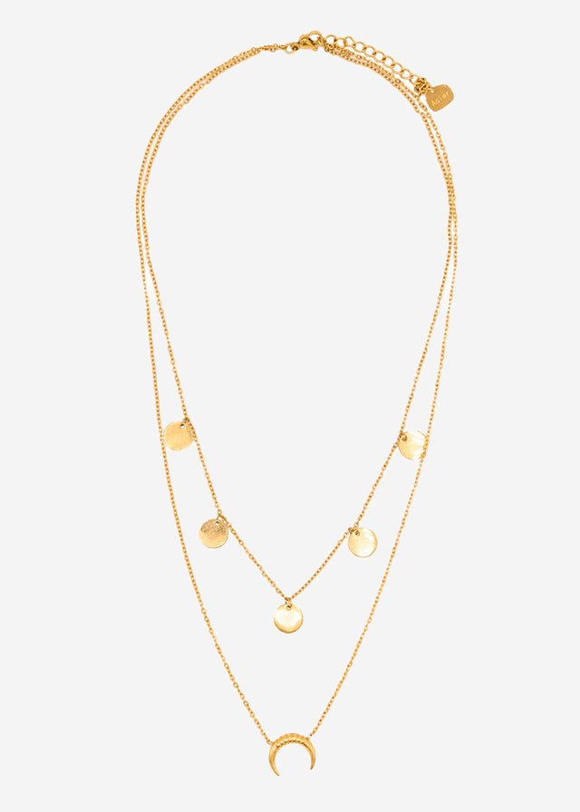 Layered necklace with moon and discs - gold