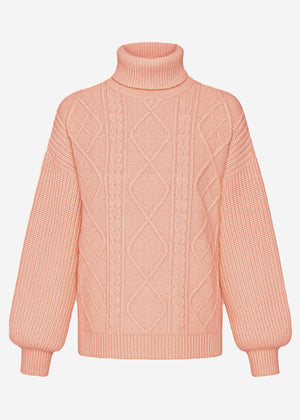 Rollkragenpullover mit Zopfmuster - rosa