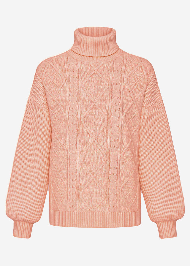 Rollkragenpullover mit Zopfmuster - rosa