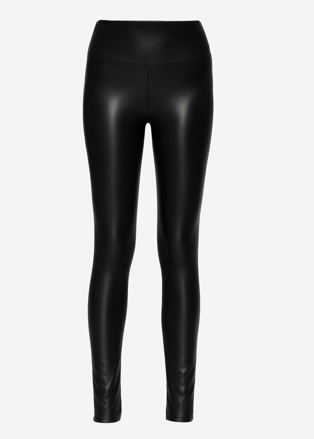 High-waisted faux leather leggings with wide waistband - black