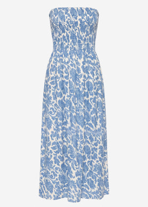 Gesmoktes Bandeau-Kleid mit Print - jeansblau