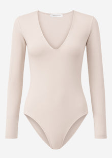 Langarm Body mit V-Ausschnitt - beige