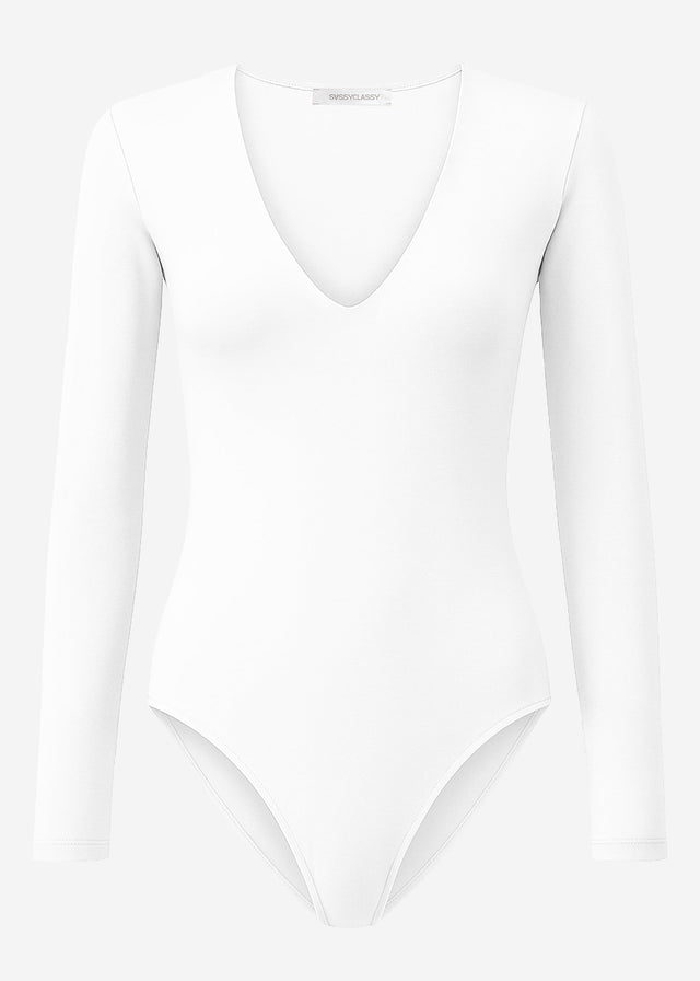 Long-sleeved bodysuit with V-neck - white