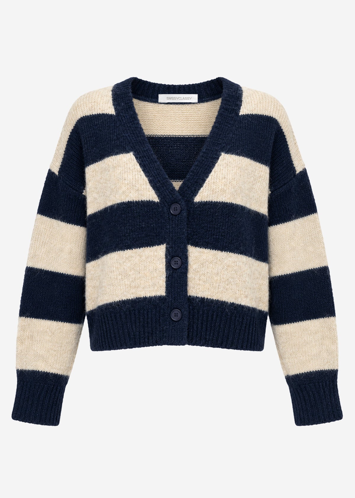 Cardigan with block stripes and V-neck - dark blue
