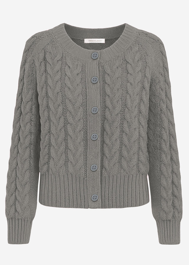 Zopfstrick-Cardigan mit Rundhalsausschnitt - grau