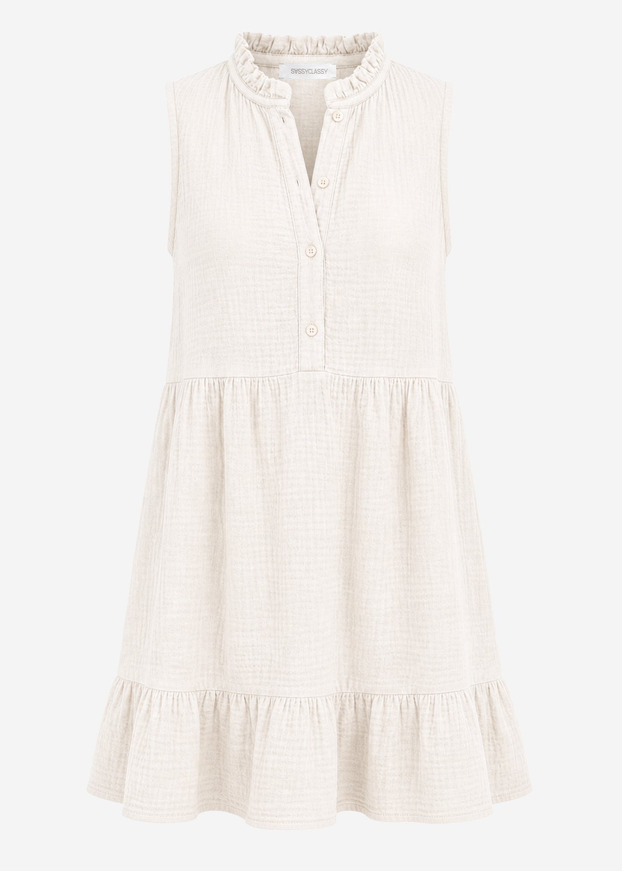 Ärmelloses Musselin Kleid mit Volants - beige