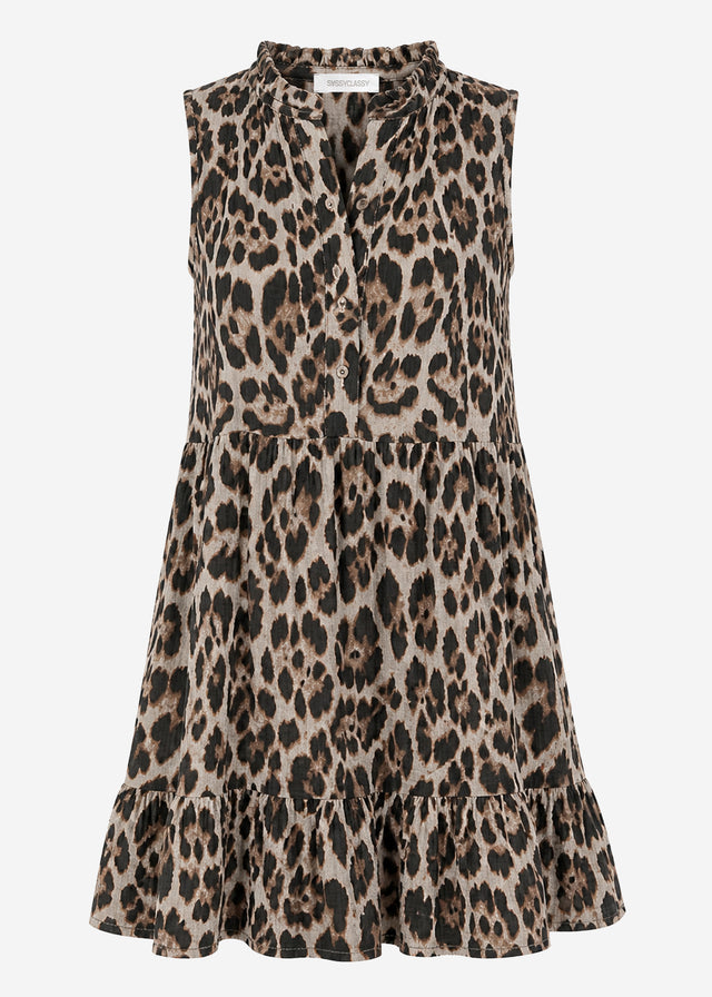 Sleeveless muslin dress with flounces and leopard print - grey
