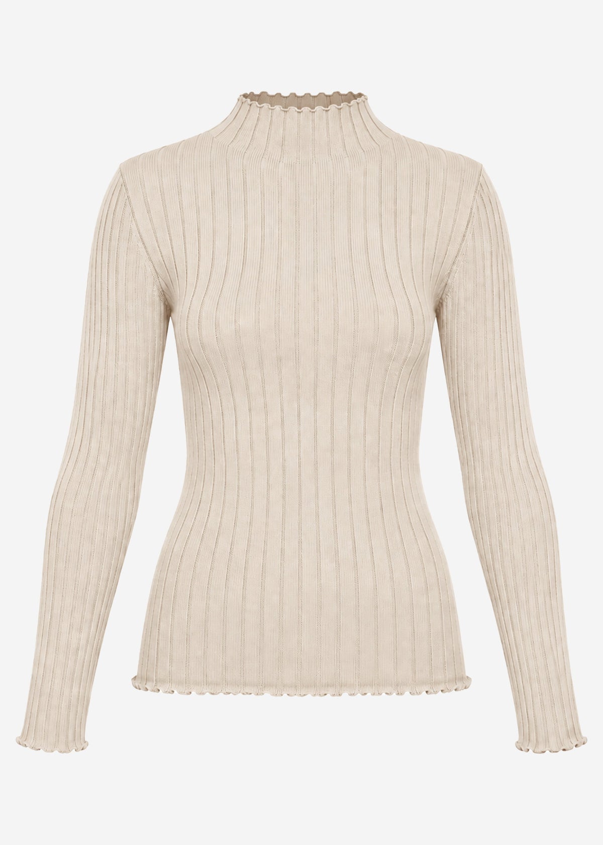 Ribbed knit top with funnel neck - beige