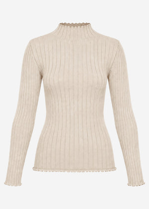 Ribbed knit top with funnel neck - beige