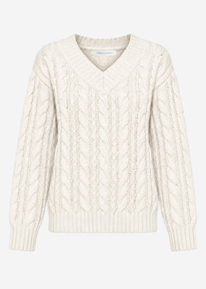 Cable knit jumper with V-neck - off-white