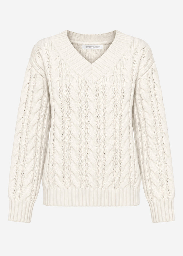 Zopfstrickpullover mit V-Ausschnitt - offwhite