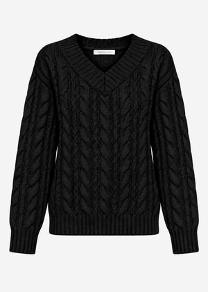 Cable knit jumper with V-neck - black